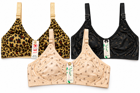 Premium Pack of 3 Printed Malai Jersey Comfort Bras for Women – Cheetah & Floral Print, Non-Padded & Wire-Free-Pretty Fit Pakistan